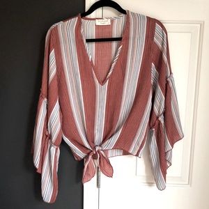 Red and Blue Striped Tie Front Blouse